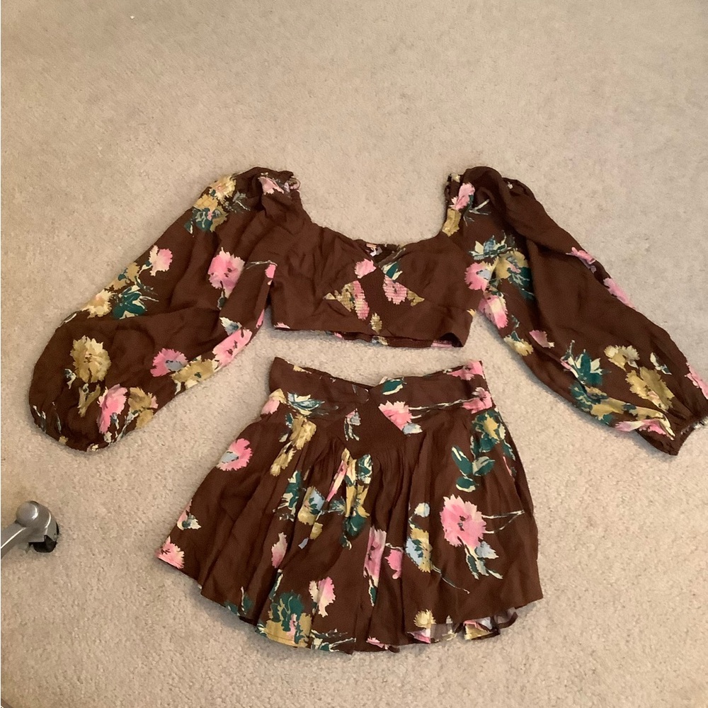 New Free People Dust Til Dawn Boho Brown Floral Long Sleeve Shorts Set Whimsy XS